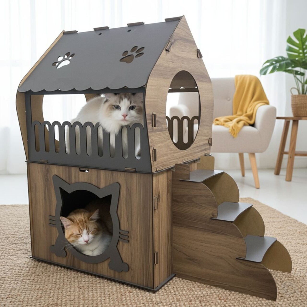 Casă pentru pisici, Paws &amp; Whiskers, Adora, MDF, Antracit / Nuc deschis - imagine 6